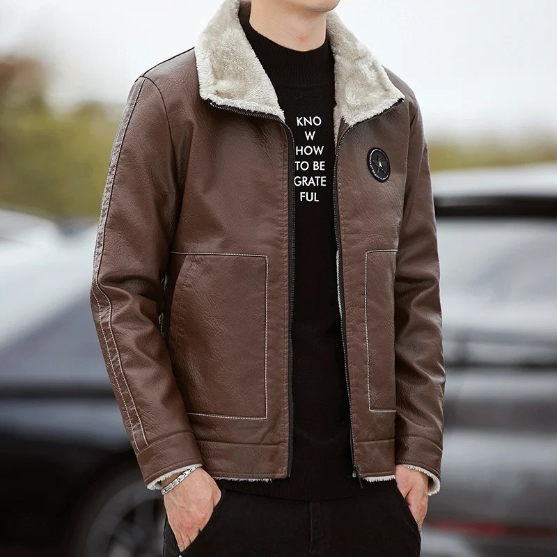 Кожаное пальто Дятел мужское кожаное с меховым воротником модная повседневная