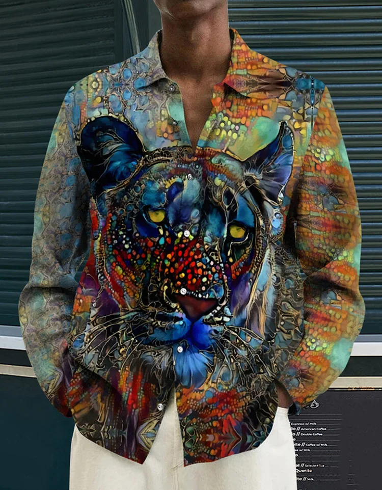 

Men's Autumn Polyester Long Sleeve Shirt Print Casual Male Top Turn-down Collar Buttoned shirts Clothes Blouse Clothing For Men