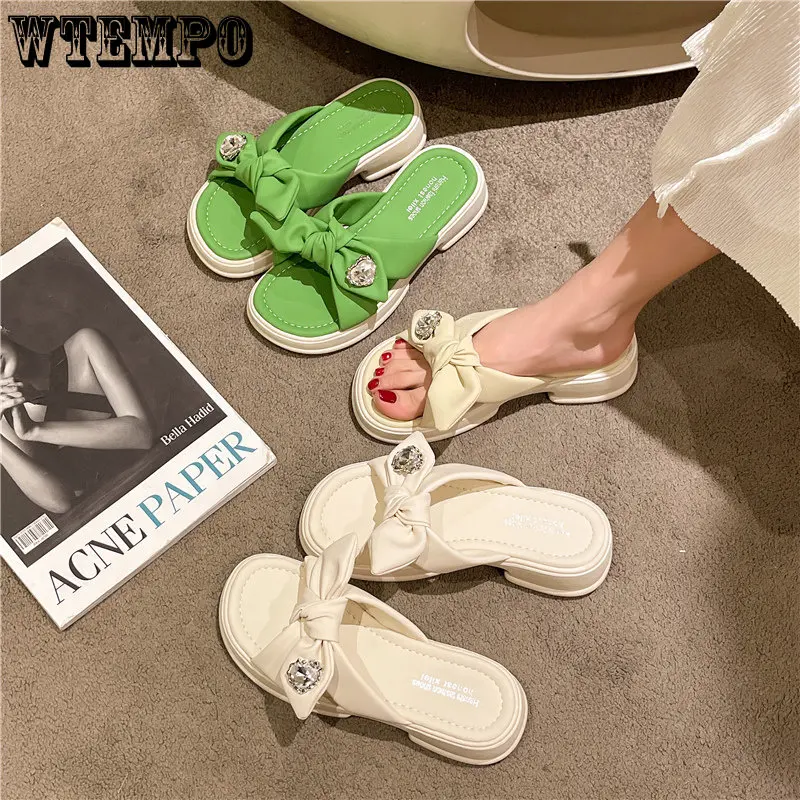 WTEMPO Summer Sandals Ladies Temperament Bow Knot Thick Bottom Slippers Platform Casual Beach Home Wear One Word Drag Wholesale