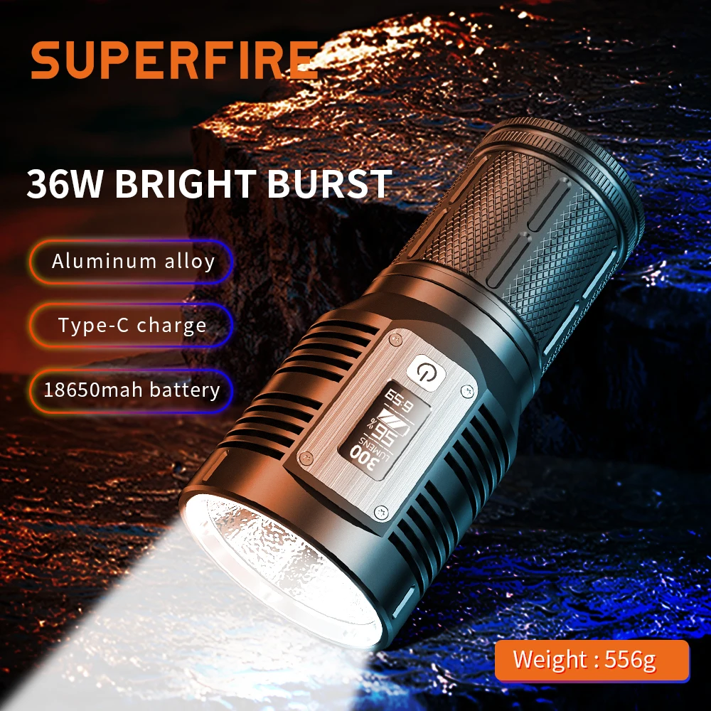 SuperFire M5 36W LED Powerful Torch 10400mAh USB-C Rechargeable flashlight with display Lantern Outdoor Camping Fishing