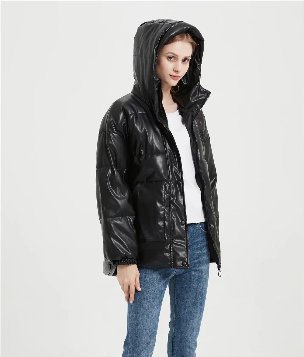 MOLAN Winter Woman Leather Padded Coat Black Warm Loose Pockets Hodded High Streeet Jacket Female Chic Outwear Top