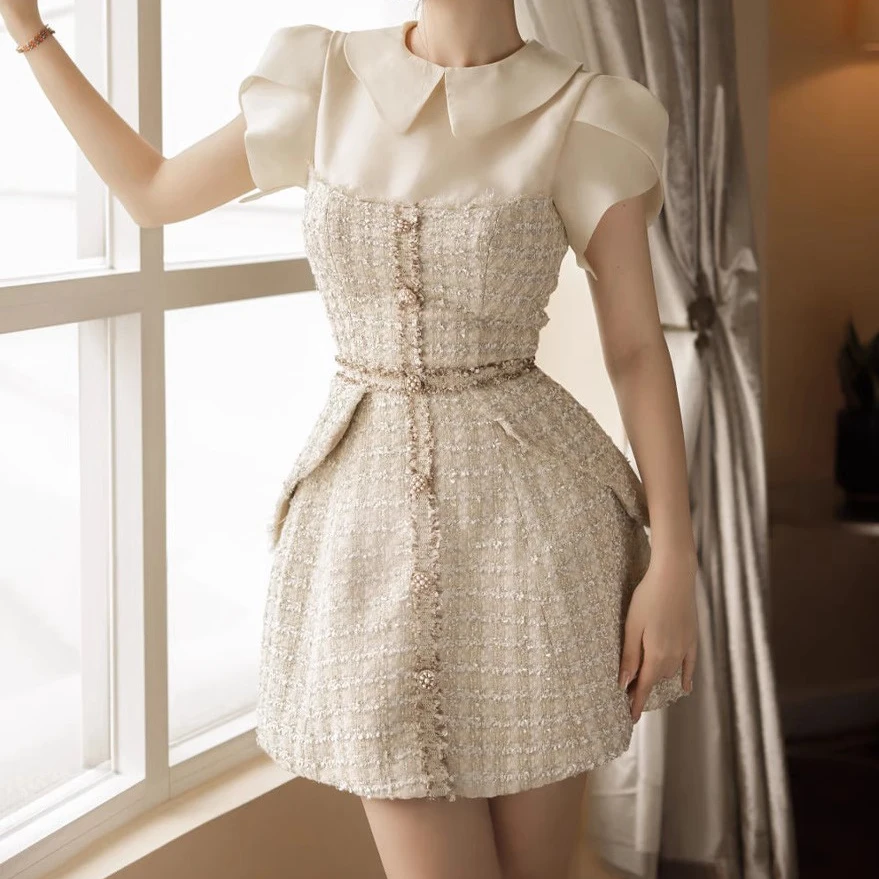 

2023 Autumn/Winter New In Tweed Bright Silk Splice Waist Slim Fit Dress Woman Beaded Buttons Luxury Patry Dresses
