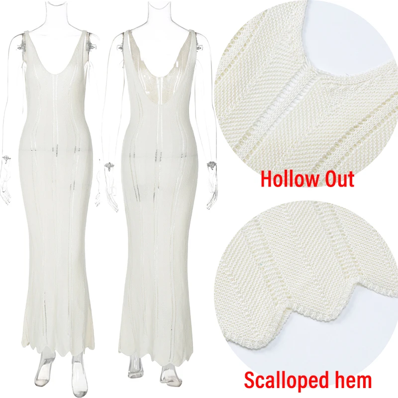 Женское вязаное пляжное платье-макси с открытой спиной и V-образным вырезом