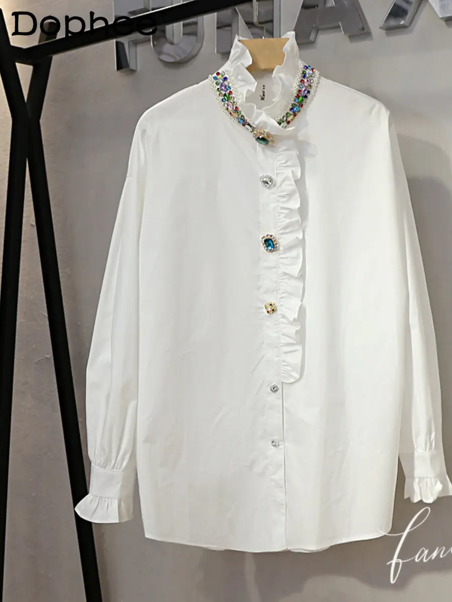 

2023 Spring New Design Exquisite Rhinestone White Shirt Women Loose Mid-Length Ruffles Stand Collar Long Sleeve Blouse Top Lady