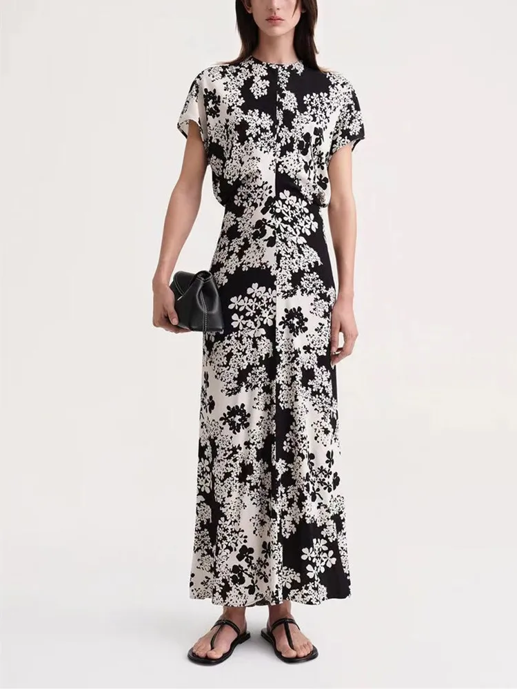 Women Vintage Print Slim Mid-Length Dress 2023 Summer New Ladies O-Neck Short Sleeve High Waist Pleated Elegant Long Robe