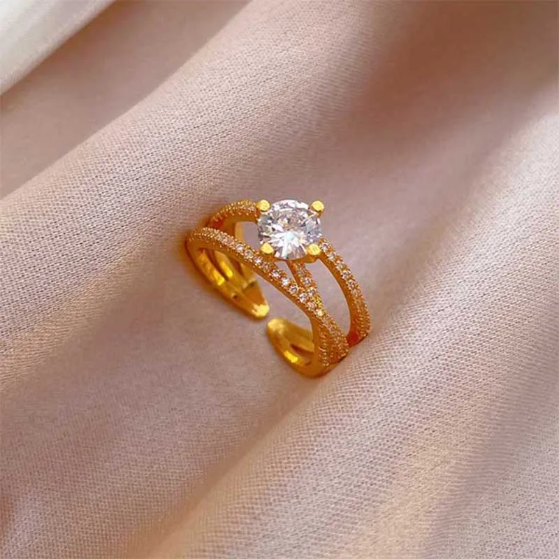 

Zircon Round Rings For Women Crystal Round Stainless Steel Adjustable Ring Accessories Aesthetic Party Jewelry Gift Bijoux Femme