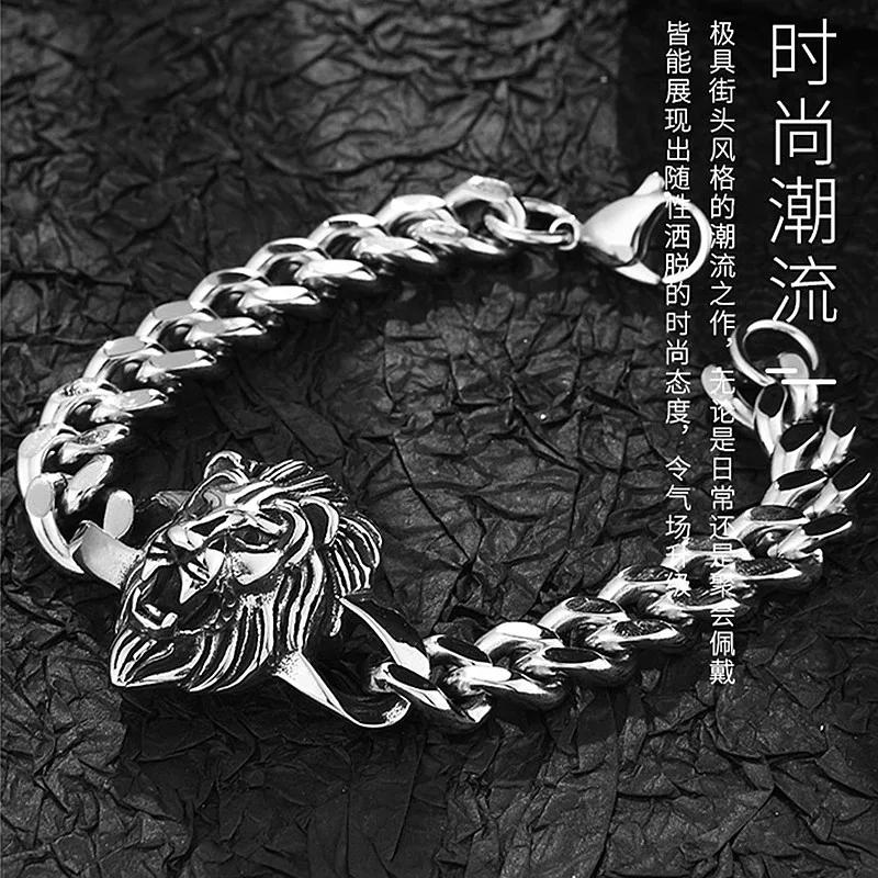HNSP 12MM Stainless Steel Hand Chian Lion King Head Bracelet For Men Male Domineering Punk Gothic Style Jewelry Wholesale images - 6