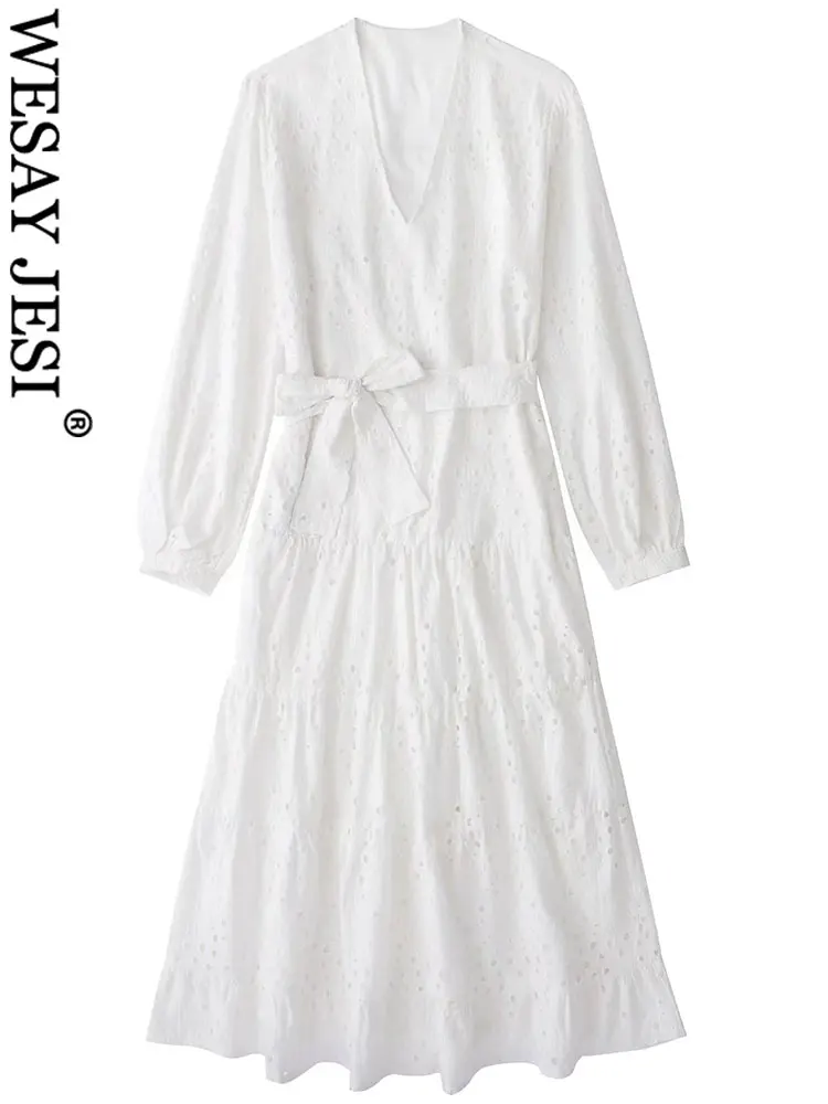 

WESAY JESI Fashion Women's Solid Color White Dress Pullover V Neck Long Sleeve Hollow Casual Belt Bow Knot Ruffle Hem Long Dress
