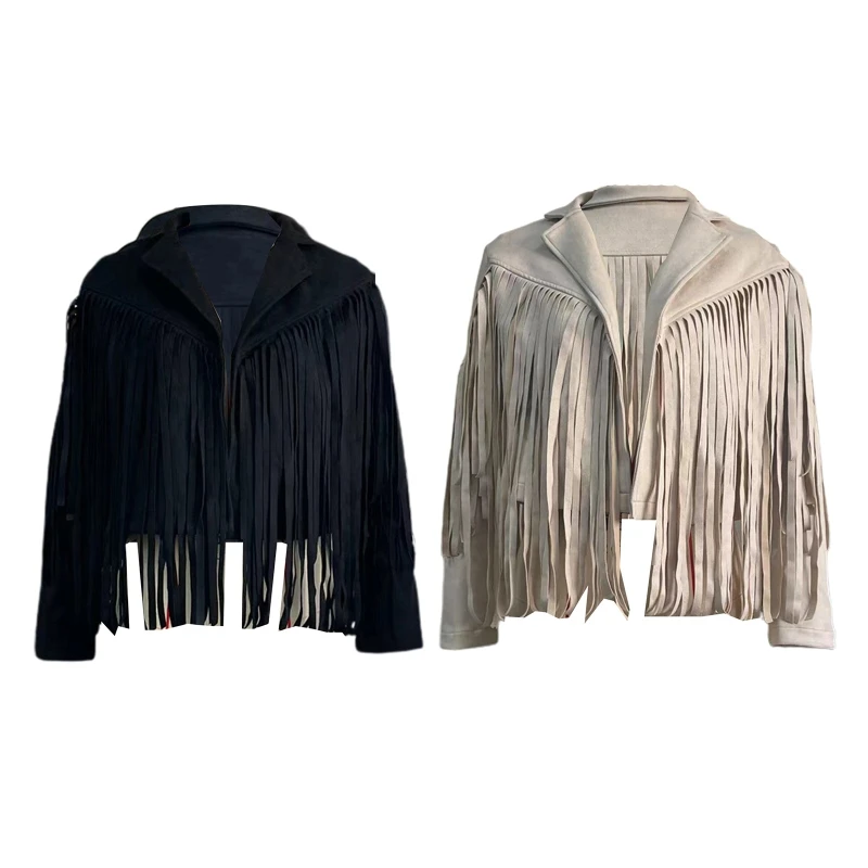 

F42F Womens Punk Stylish Tassel Fringe Cropped Jacket Notched Collar Open Front Moto Faux Suede Leather Biker Streetwear Coat