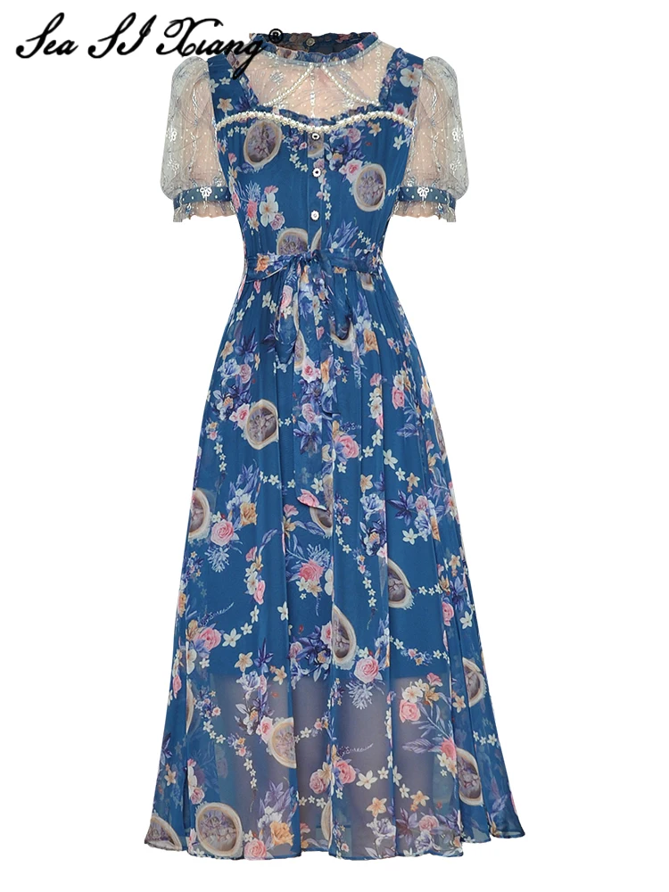 

Seasixiang Fashion Designer Summer Loose Dress Women O-Neck Mesh Short Sleeve Beading Flower Print Vintage Dresses