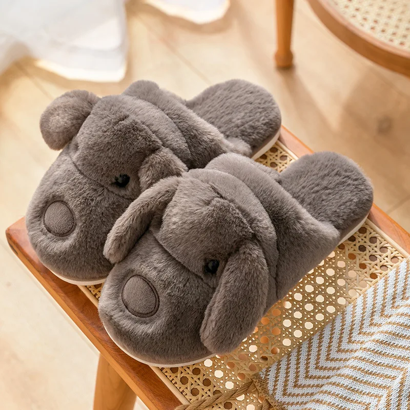 

Winter Cotton Slippers Women Cute Dog Cartoon Home Furry Shoes Indoor Cozy Flat Slides Men Non-Slip Plush Warm Fluffy Slippers