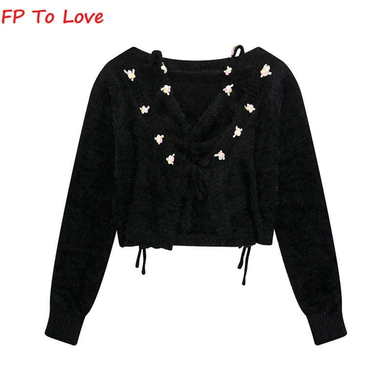 

Женский трикотажный кардиган на бретельках, бежевая винтажная мягкая уличная одежда из искусственной норки с цветочной аппликацией