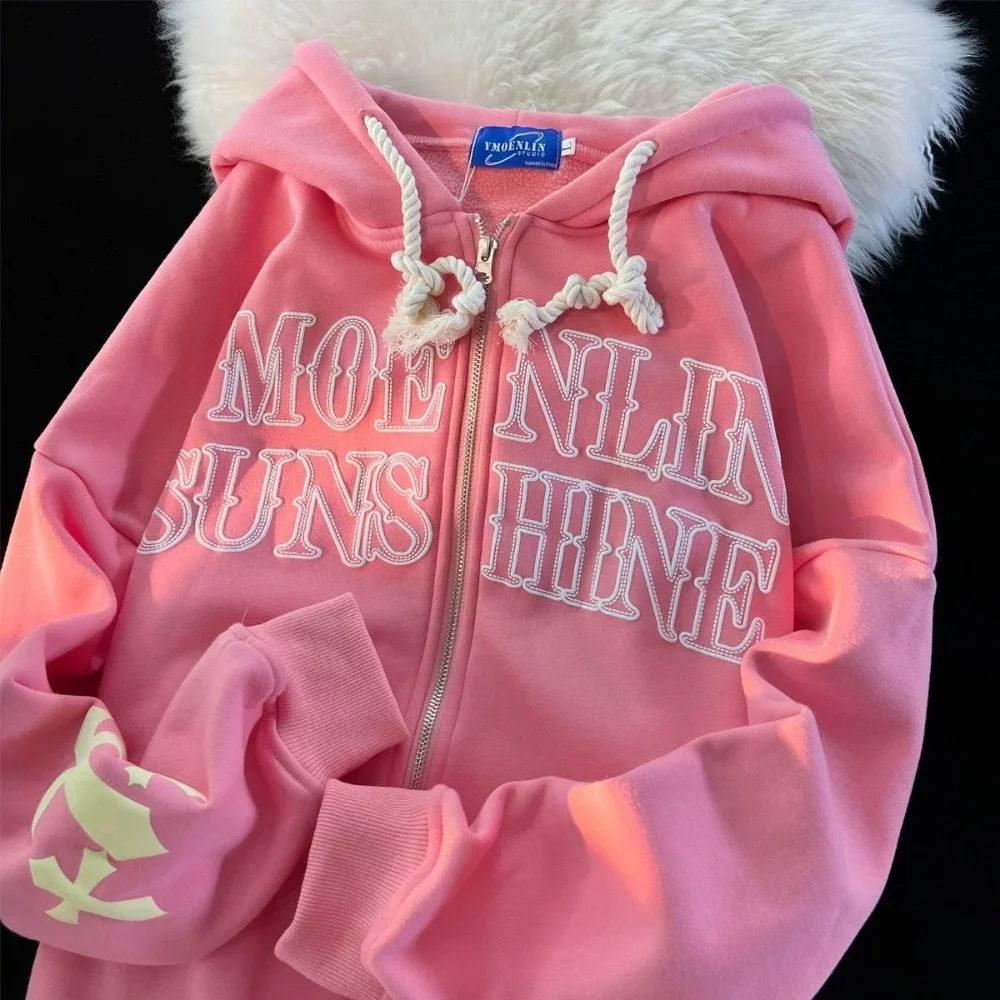 

Hip Hop Cross Letter Print Zipper Cardigan Hoodie Thick Velvet Winter Clothes Loose Oversized Sweathsirt Harajuku Goth Y2K Tops
