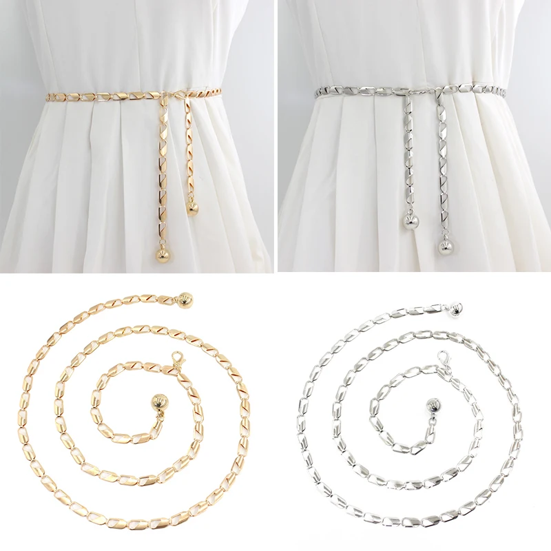 

Adjustable Gold Silver Thin Women Belt Elegant Shiny Tassel Long Chain Waist Belts For Ladies Dress Skirt Waistband Body Belts