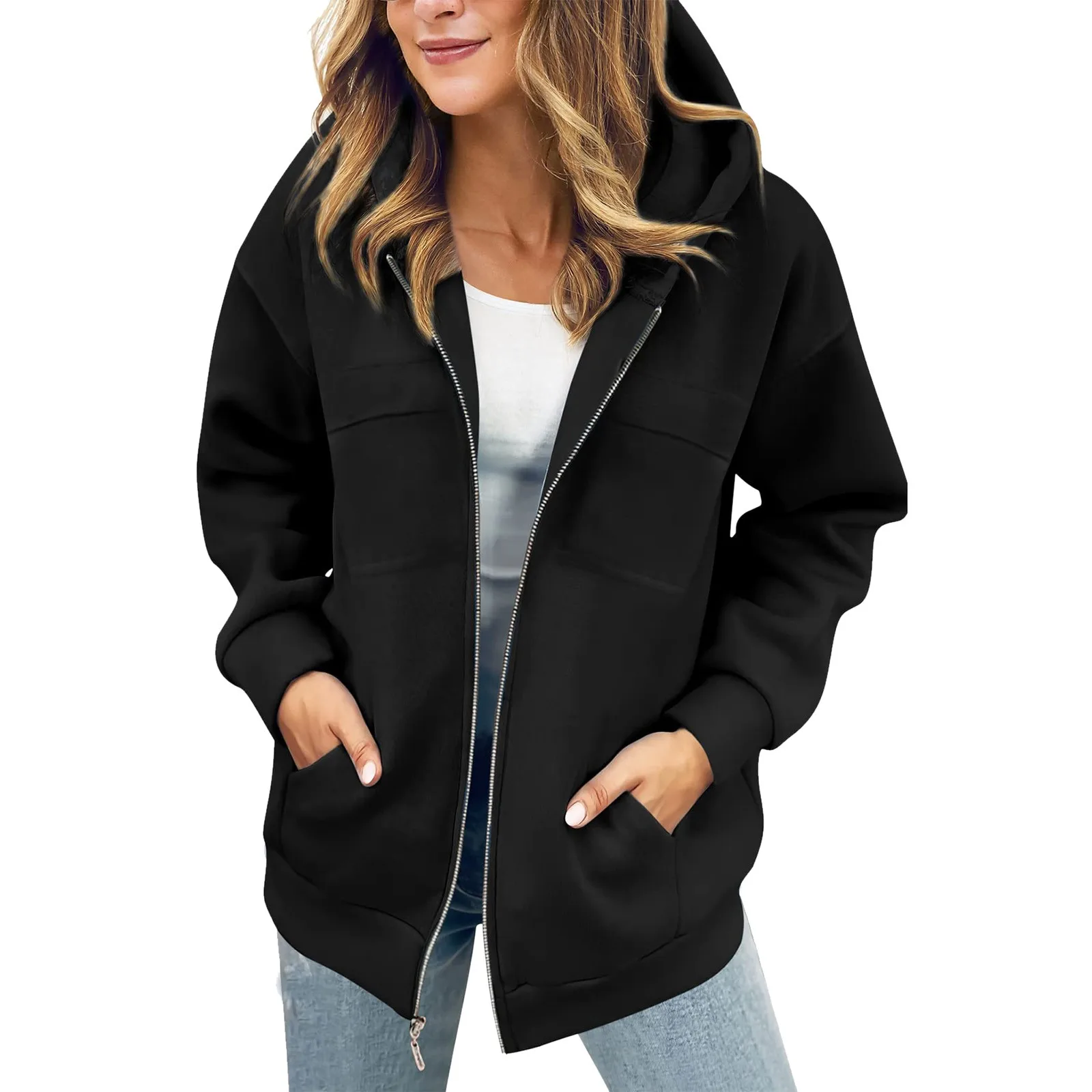 

Sweatshirt Woman Casual Loose Solid Zipper Hooded Pocket Long Sleeve Sweatshirt Coat Sweatshirt Zipper Hoodie Women