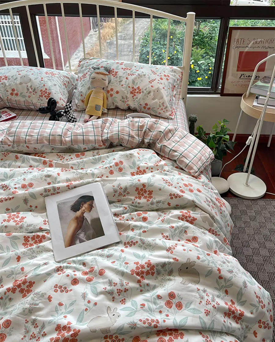 

Cute sweet pastoral flower rabbit bedding set,twin full queen king modern cotton home textile bed sheet pillow case quilt cover