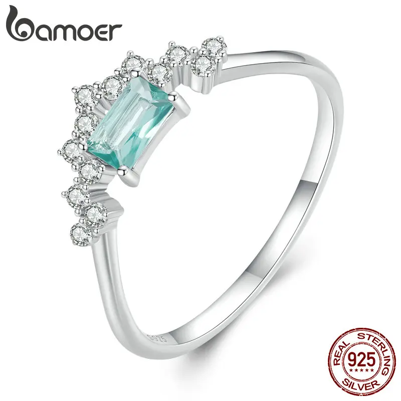 Bamoer 925 Sterling Silver Light Green Square CZ V-shaped Finger Ring Crown Ring for Women Anniversary Wedding Jewelry BSR330