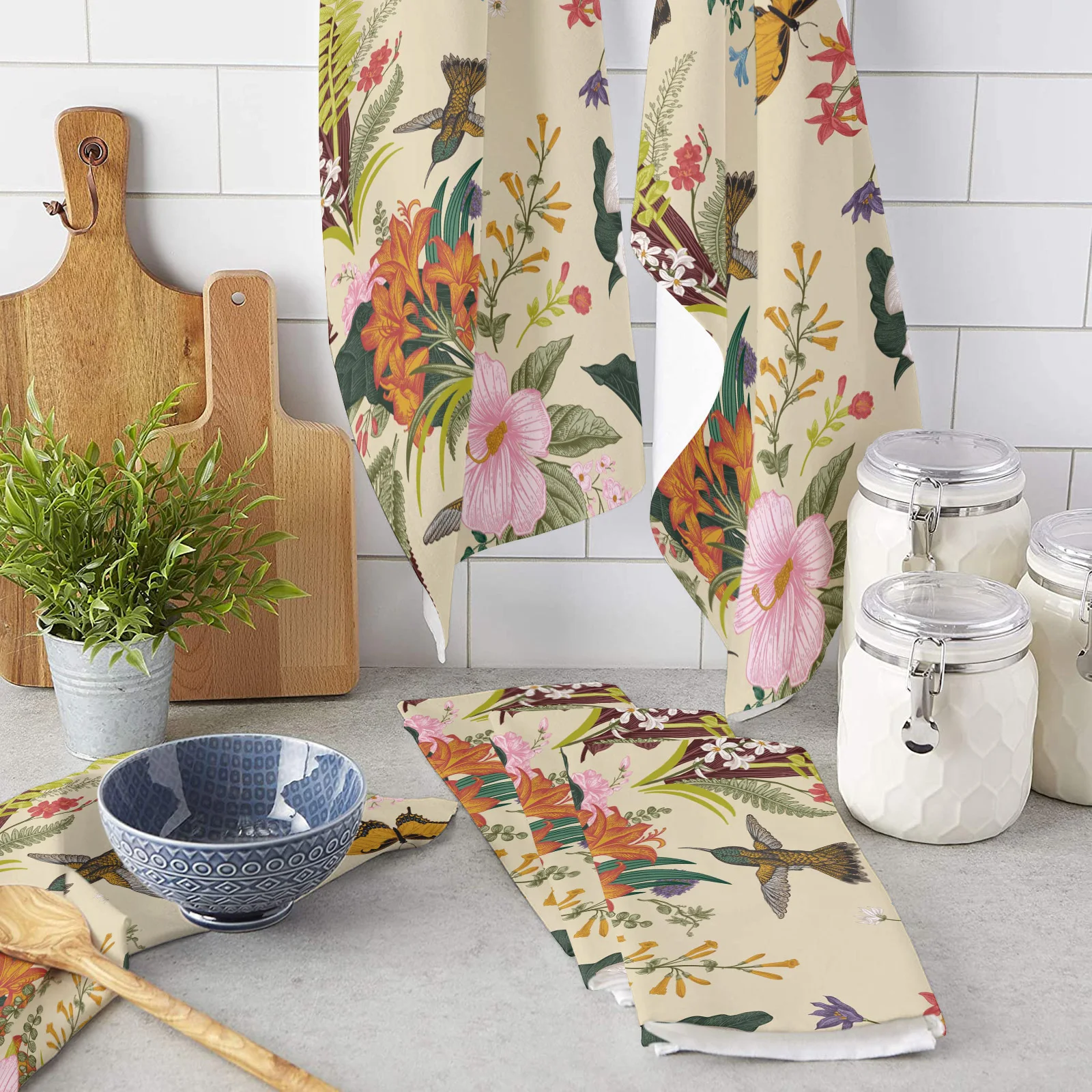 

Кухонные полотенца в стиле ретро, тряпка из микрофибры с изображением цветов, птиц, бабочек, аксессуаров для уборки дома