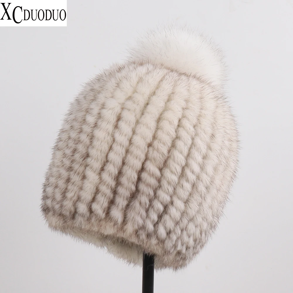 

New Women Winter Knitted Real Mink Fur Hat Natural Warm Mink Fur Caps With Fox Fur Pompoms Lady 100% Genuine Mink Fur Bomber Hat