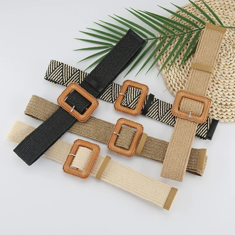 

2022 New Bohemian Straw Braided Belt Women Girl Weave Fake Straw Belt Square Buckle Decor Waistbands PP Grass Knitting Wide Belt