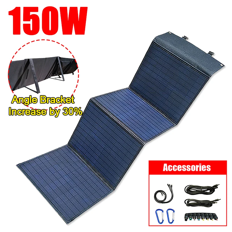 

150W Foldable Solar Bag with Stand Portable Outdoor Travel Camping Mobile Power Bank Emergency USB + DC Output Charger Device