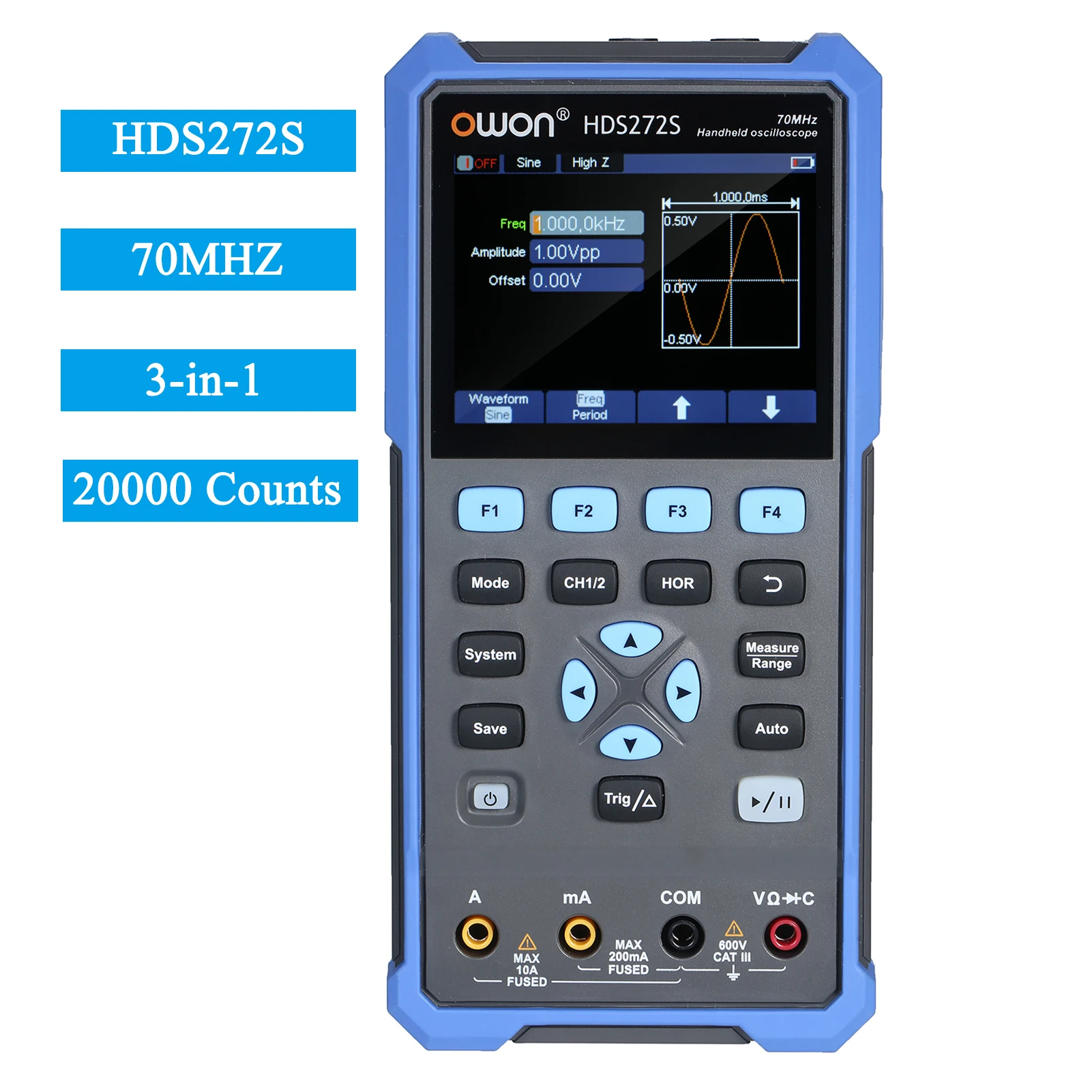 Цифровой осциллограф OWON HDS272 3-в-1 генератор сигналов 2-канальный USB Type-EC 40/70 МГц 3 5
