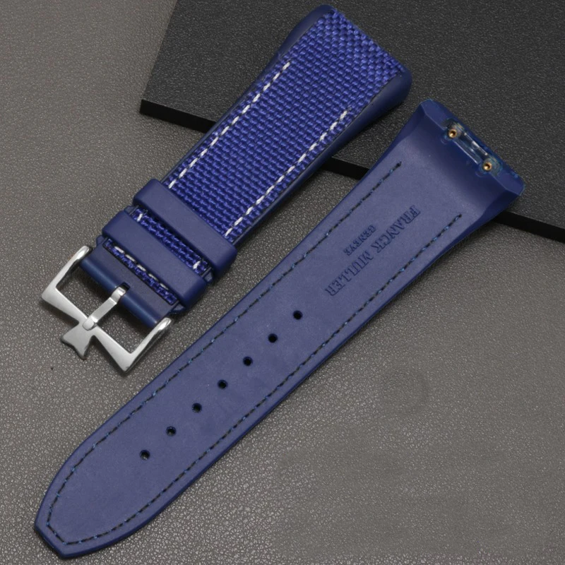 For Franck Muller v45 Black-Blue Yacht Genuine Leather Watch Strap for Men FM Falmulan Needle Buckle Silicone Watch Band 28mm