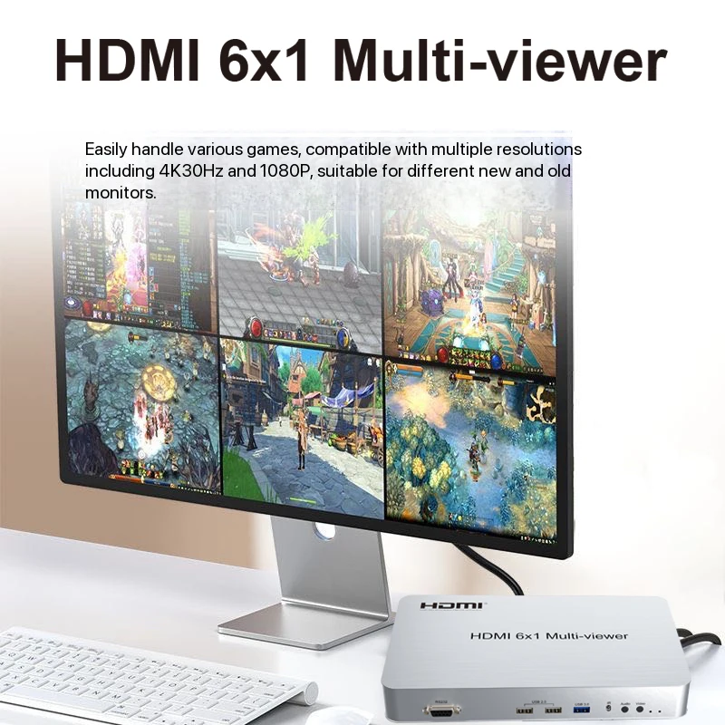 Фото Мультивьювер HDMI 6x1 1080p 4K, бесшовный коммутатор 6 входов 1 выход, режимы 5x1, 4x1, 3x1, 2x1, квадропанельный режим (2, 3, 4, 6 экранов), без растяжения и деформации изображения №1