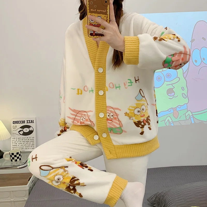 2Pcs Top Pants Women Sleepwear Set Winter Home Warm Thicken Flannel V-Neck Cardigan Cute Cartoon Suit Thick Fleece Soft Pyjamas