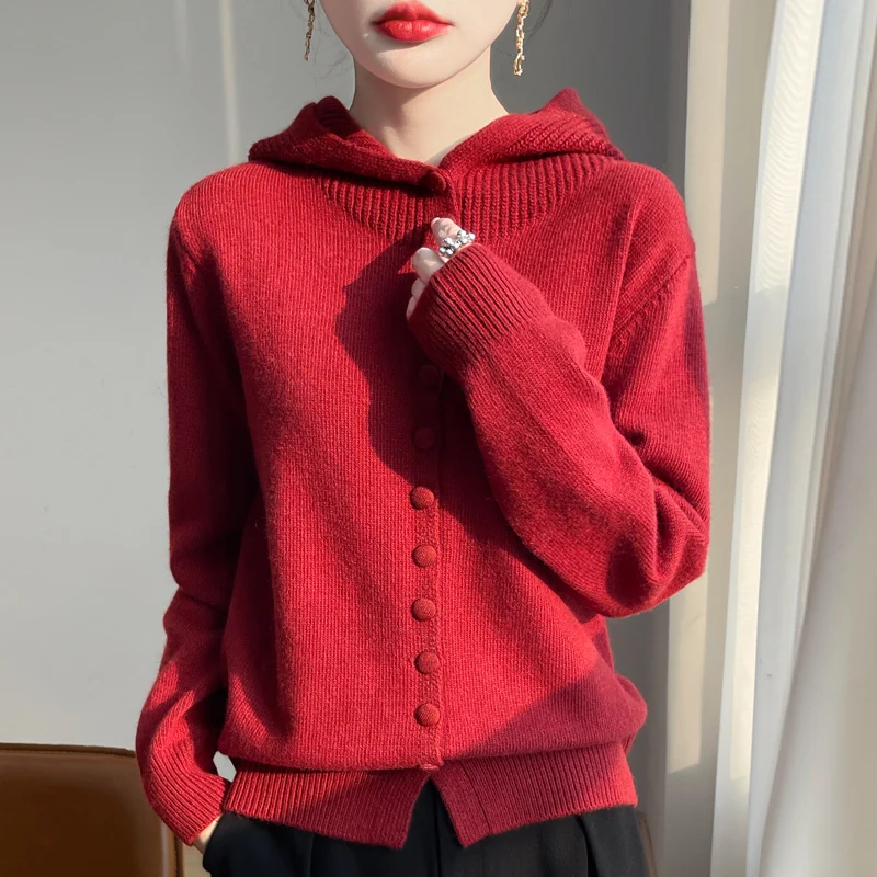 Женский свитер из тонкой шерсти с воротником капюшоном жаккардовый кардиган