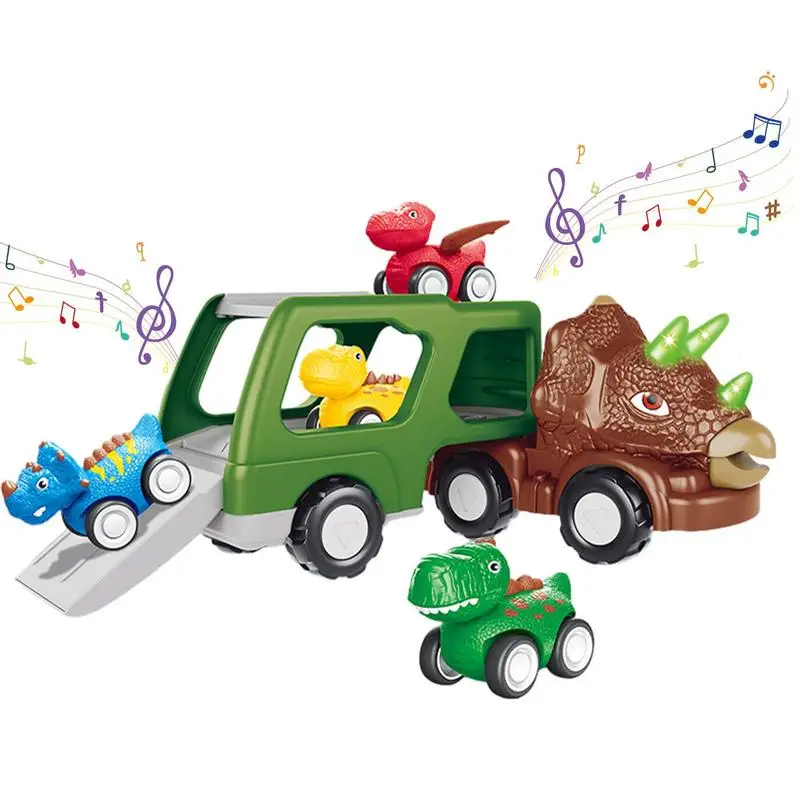 

Игрушечные динозавры, автомобили, игрушки для малышей с мигающими огнями и музыкальными грузовиками, транспортировка динозавров, грузовик-переносчик, загрузка 4 динозавров