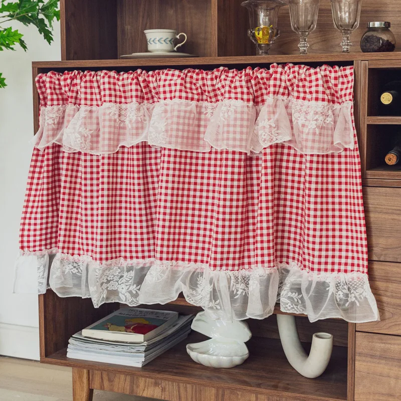 

Red&White Lattice Window Valance Handmade Embroidered Lace Cupboard Cafe Curtain Short Grid Kitchen Curtains Thanksgiving TJ7127