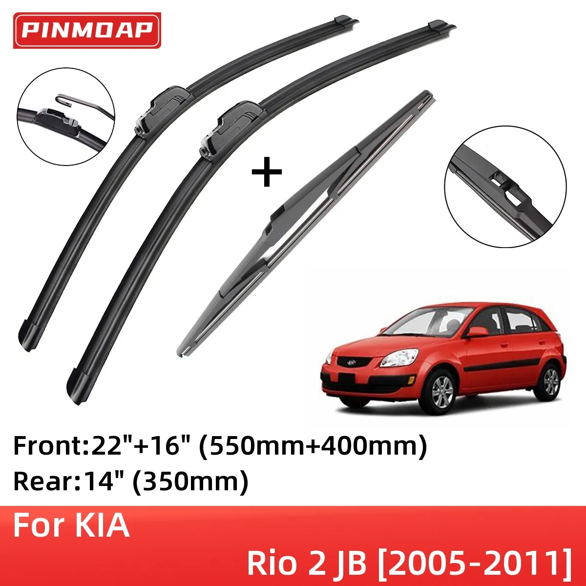 For KIA Rio 2 JB 2005-2011 Front Rear Wiper Blades Brushes Cutter Accessories J Hook 2005 2006 2007 2008 2009 2010 2011