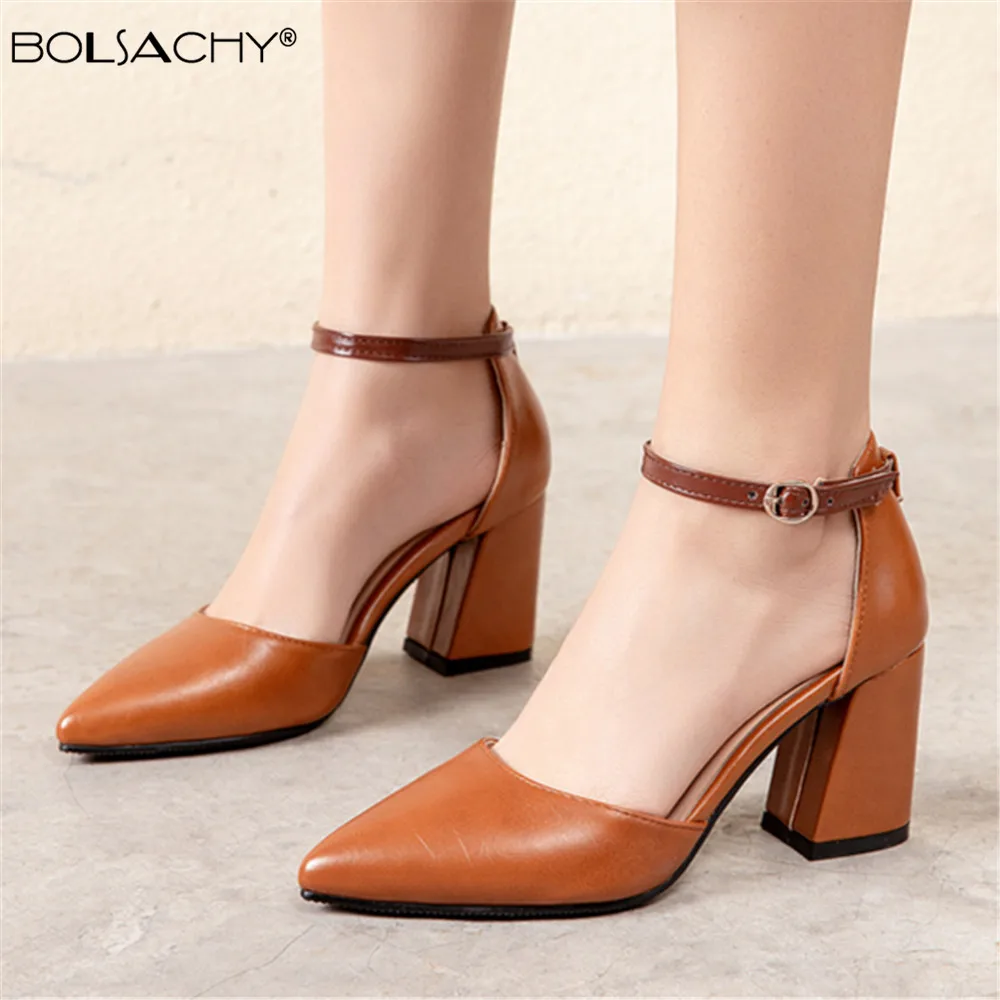 

2022 Spring Sandalias femeninas high heels pointed Thick heel Ankle strap buckle sandals sexy women shoes Female sandals mujer
