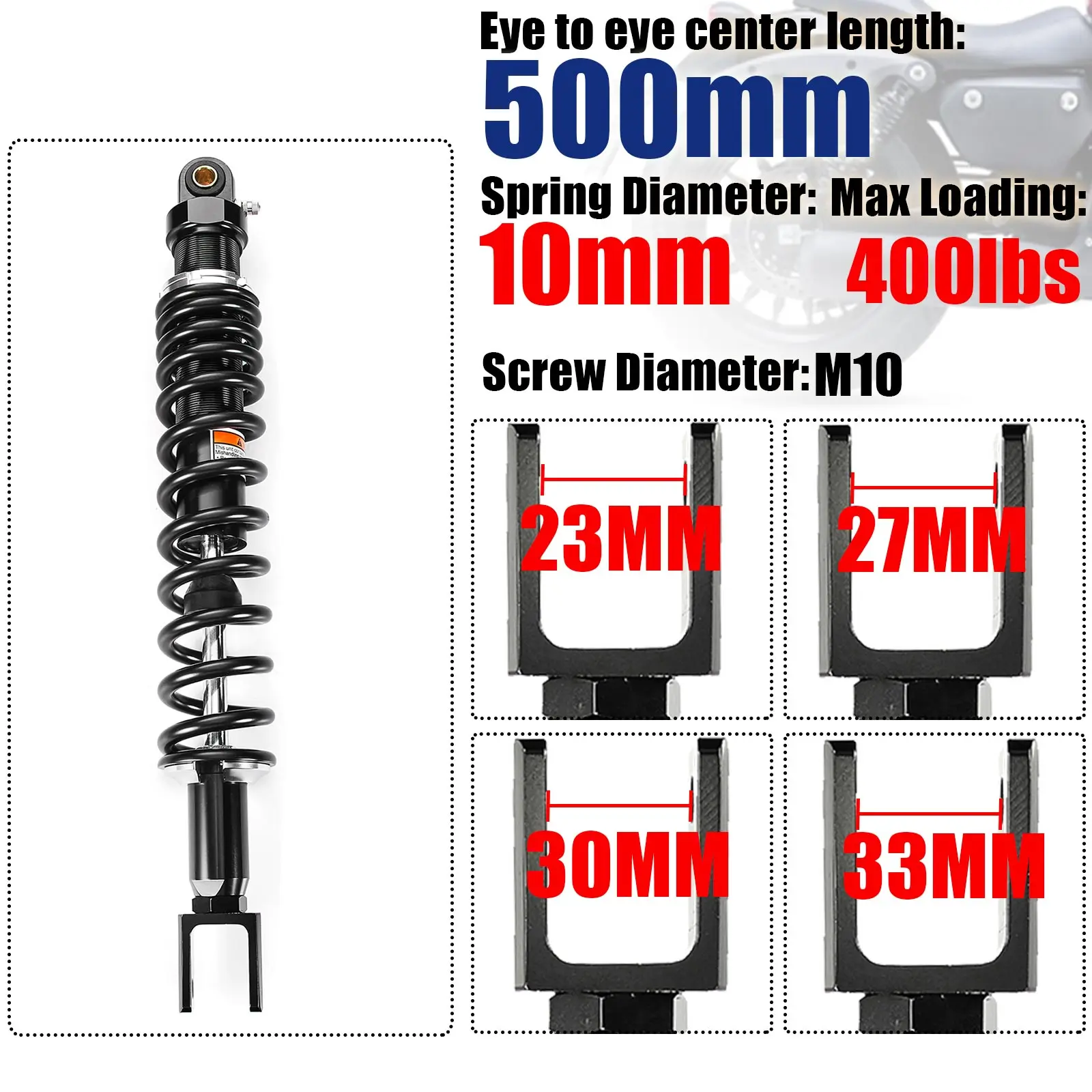 

500mm Spring 10mm Fork Head Strong Motorcycle Shock Absorber Rear Suspension Motor ATV Quad Falling protection 23 27 30 33 M10