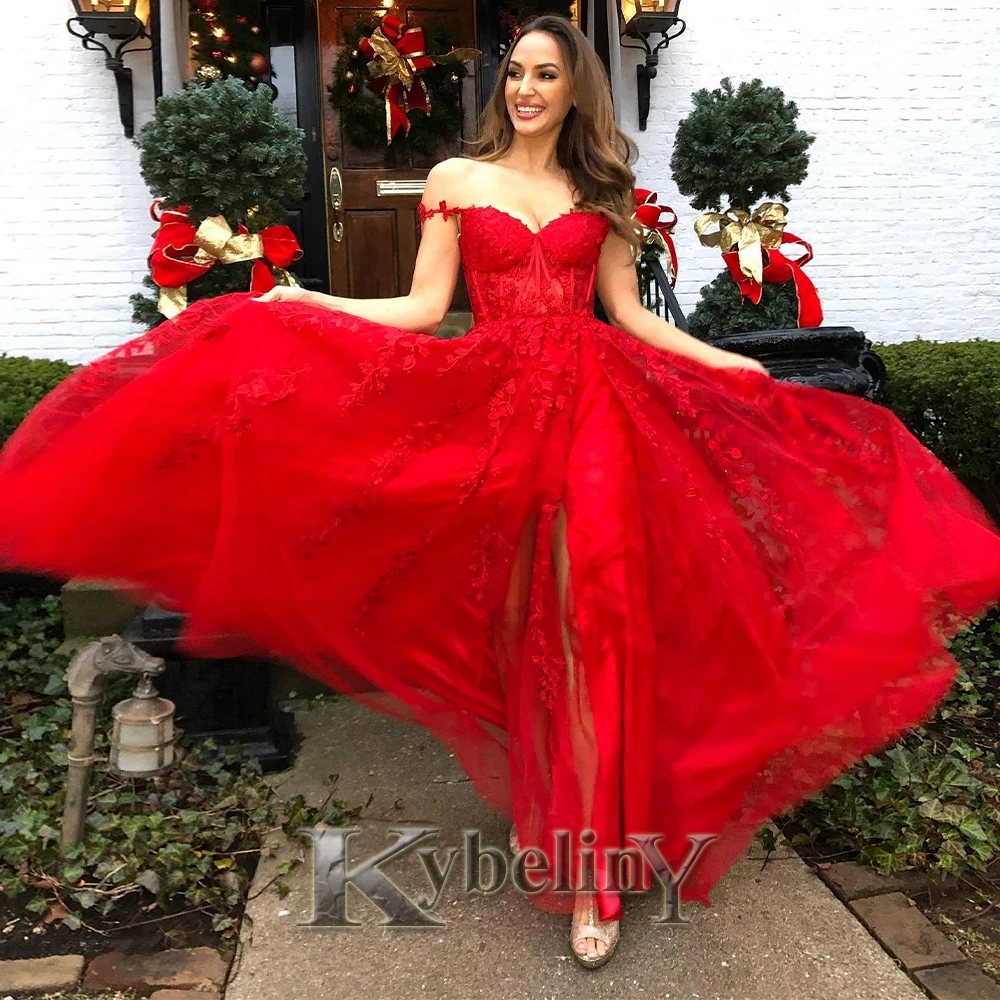 

Kybeliny Classic Prom Dresses Off Shoulder Side Slit2023 For Women A-line Evening Gowns Vestidos De Fiesta Party Made To Order