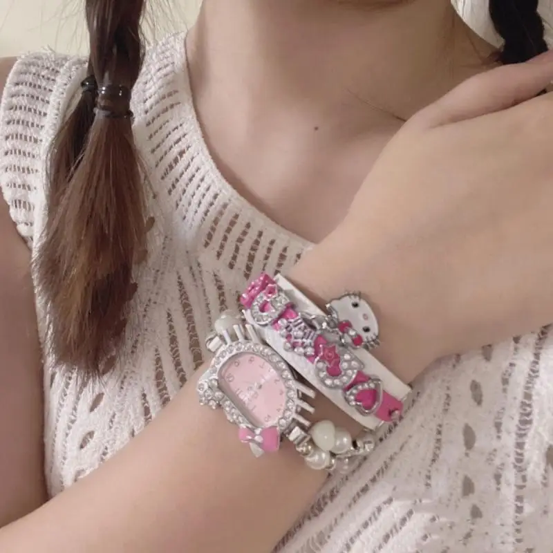2024 Kawaii Sanrio браслет с анимэ Cute Hello Kitty Cartoon Yk2 Sweet and Cool кожаный орнамент подарок на