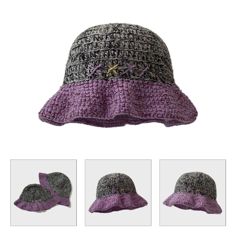 

Knit Bucket Hat for Woman Breathable Color Matching Weaving Wide Brim Bucket Hat Adult Teens Summer Fisherman Cap