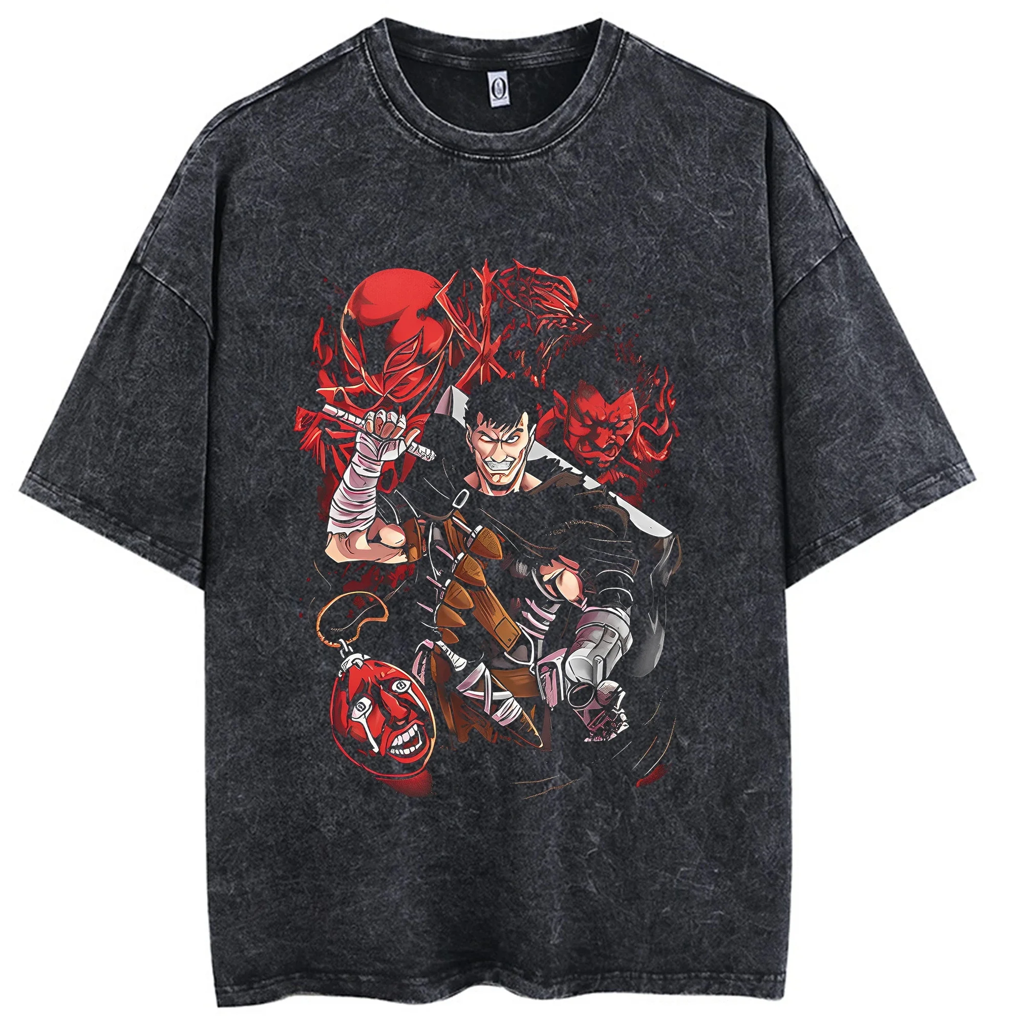 Anime Berserk Vintage Manga Acid Washed T Shirt 100% Cotton Tees Hip Hop Streetwear Short Sleeves Loose Harajuku Printed Tops