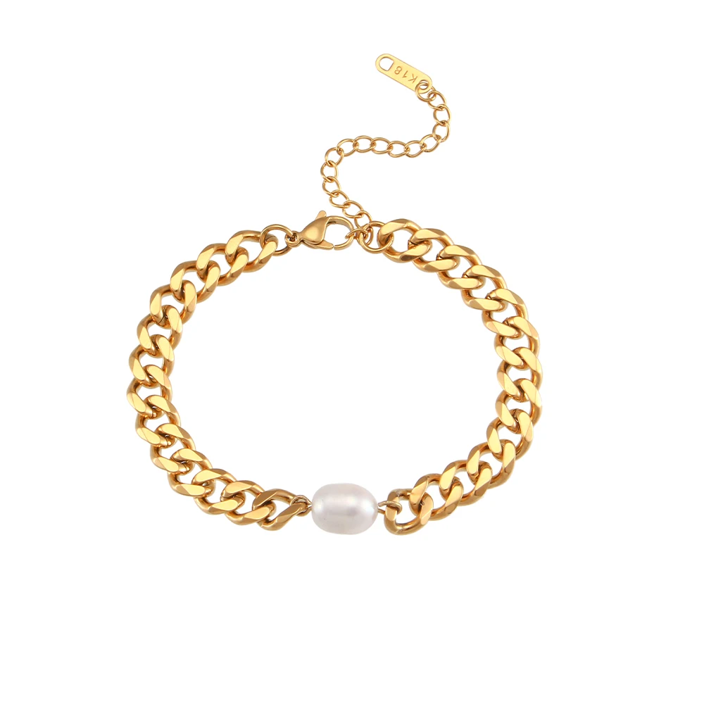 

Freshwater Pearl 18K Gold Plated Waterproof Miami Cuban Chain Bracelets Popular 316L Stainless Steel Bracelets for Women Jewelry