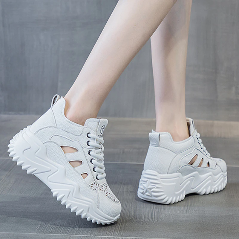 Genuine Leather Hollow Strap Design Air Mesh Comfy High Brand Breathable Shoe Chunky Sneakers Spring Summer Platform Wedge Shoes