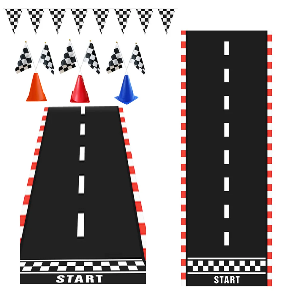 

Race Car Birthday Decoration Traffic Cones and Checkered Flags Set Pennant Banner Racetrack Floor Running Mat Kids Birthday Gift