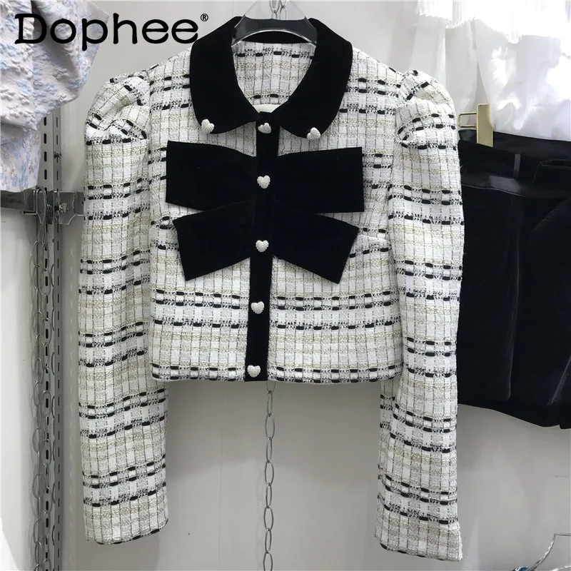 

Women's Bow Tweed Coat 2022 Autumn New French Style Puff Sleeve Diamond-Embedded Heart Buckle Doll Collar Short Top