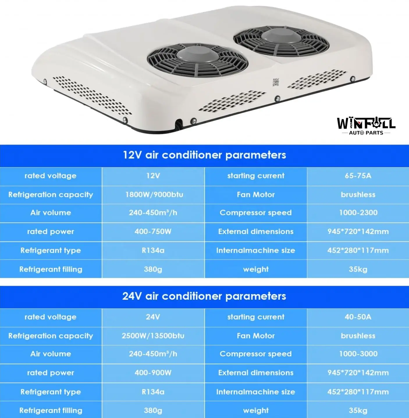 Фото Новый стояночный кондиционер WINFULL 24V R134a для автобусов, грузовиков, автодомов — двойные бесщеточные вентиляторы, 2500 Вт, охлаждение 13500 BTU, для модернизации/дооснащения №4