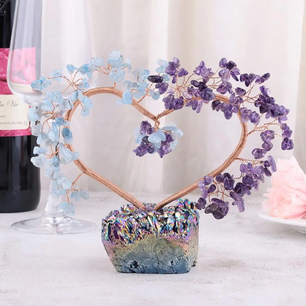 Love Heart Shaped Crystal Money Tree With Rainbow Titanium Coated Crystal Base Feng Shui Bonsai Reiki Decor For Wealth and Luck