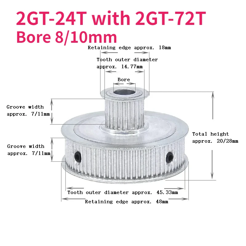 

1pcs 2GT Timing Pulley Bore 8/10mm Double Side Gear GT2 24T-72T 1:3 Synchronous Wheels 3D Printer for Belt width 6/10mm