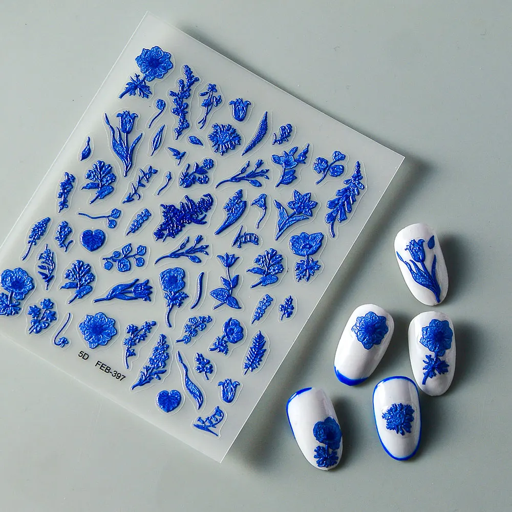

Blue Snowflake Flower Nail Stickers 5D Maple Leaf Petals Stereo DlY Self-Pressure Sliders For Nails Nails Accesories Nail Decals