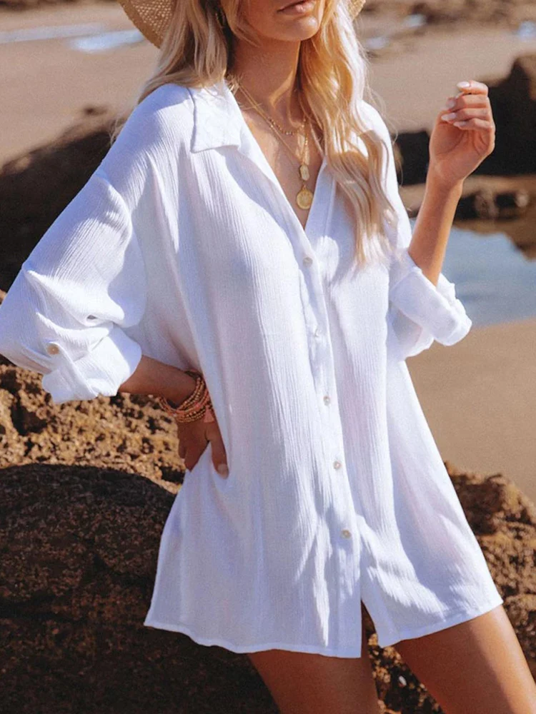 

COOBBU Women Swimsuit Cover Up Mandarin Sleeve Kaftan Beach Tunic Dress Robe De Plage Solid White Pareo Beach Cardigan Cover-Ups