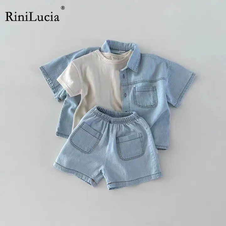 

RiniLucia Summer Baby Girl Boy Clothes Set Kids Short Sleeve Clothing Set Short Sleeve Shirt Coat Shorts 3pcs Suit Denim Outfits