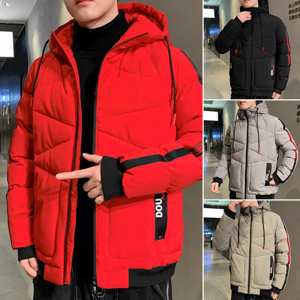 Stylish Men Jacket Zipper Thicken Cotton Padded Fluffy Filling Outerwear  Korean Style Men Hooded Coat for School